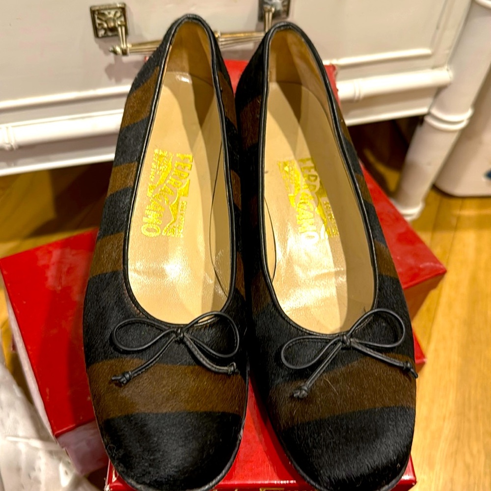Salvatore Ferragamo size 8B1 inch heel flats, brown, and black Sueded Calf